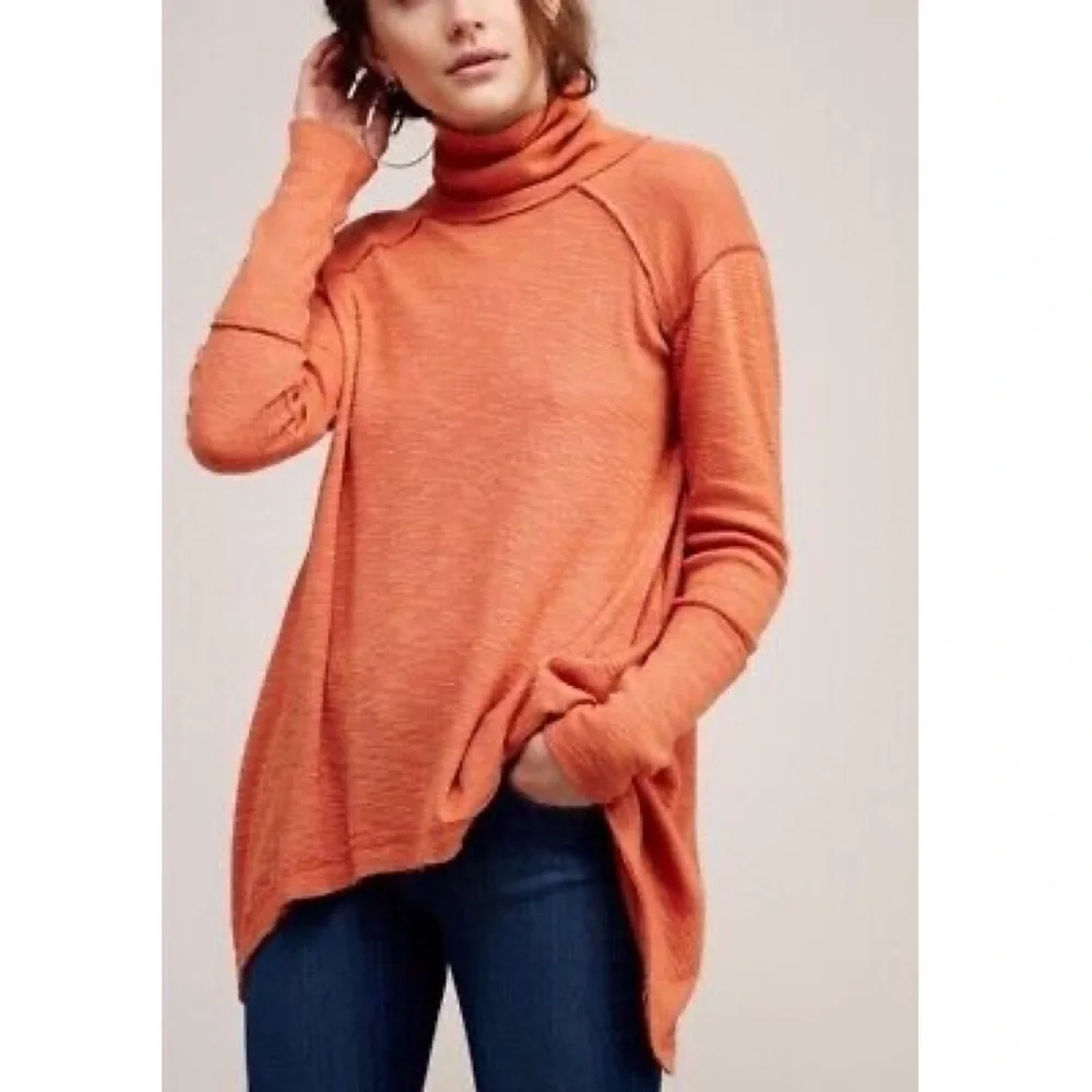 We The Free People Burnt Orange Split Back Turtleneck Knit Top High Low Hem XS